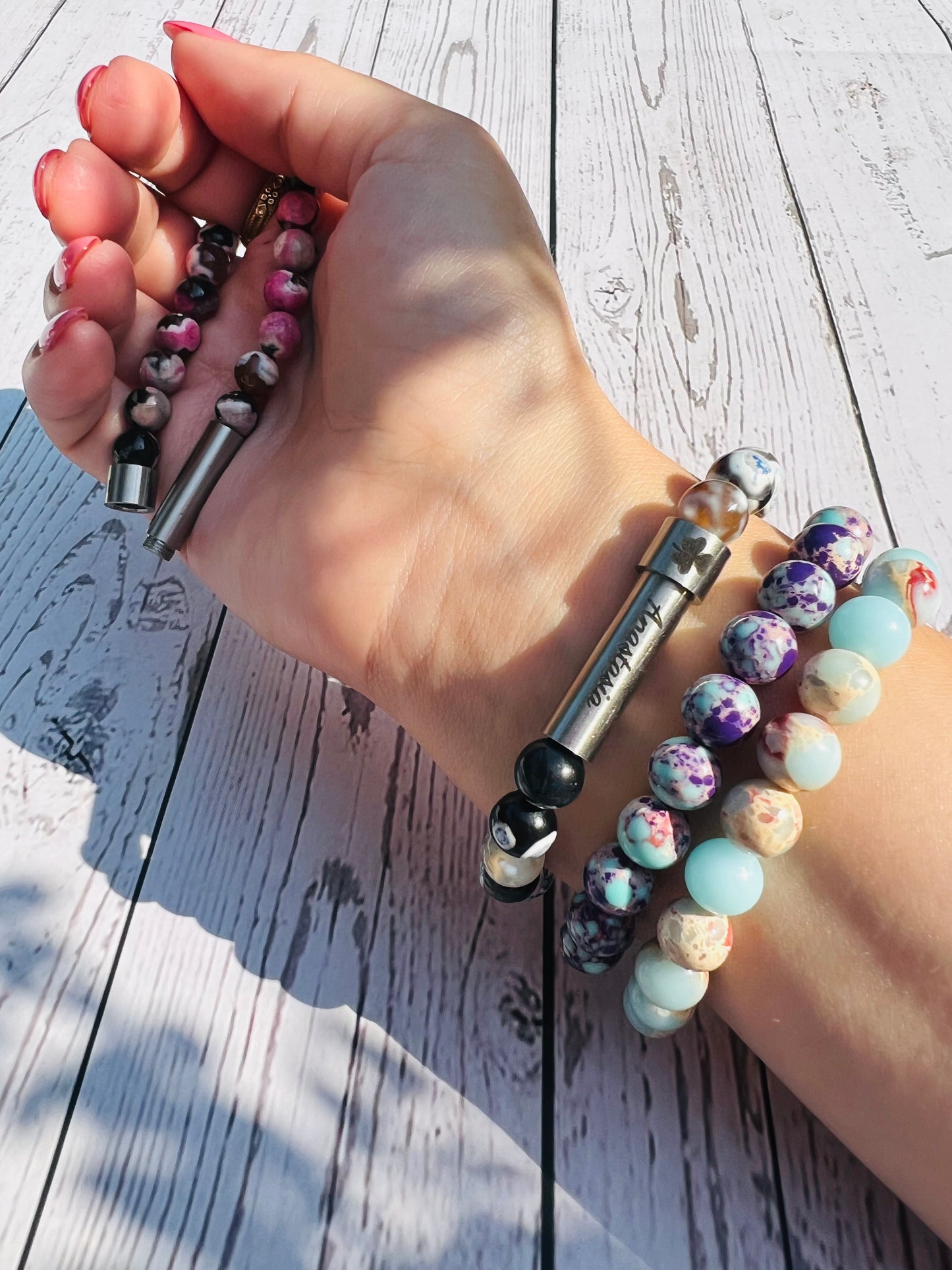 Dark Blue Weathered Agate Sentiment Bracelet